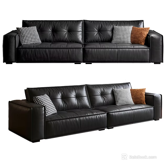 Black Leather Three Seater Sofa With Checkered And Brown Decorative Pillows 3d model