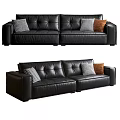 Black Leather Three Seater Sofa With Checkered And Brown Decorative Pillows 3d model
