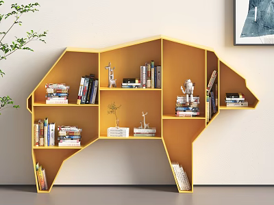 Yellow Bear Shaped Wall Mounted Shelf Unit With Books Decorative Items And Small Plant 3d model
