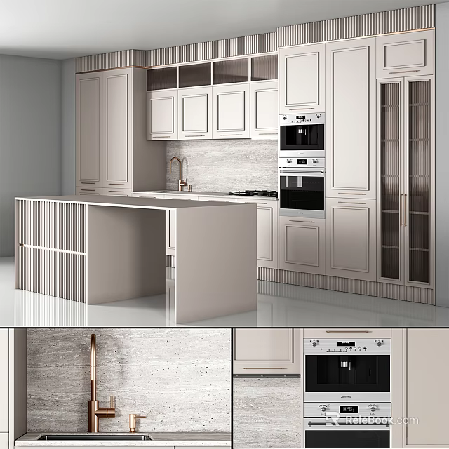 Modern Kitchen Interior With White Cabinets Island Counter And Built in Appliances 3d model 