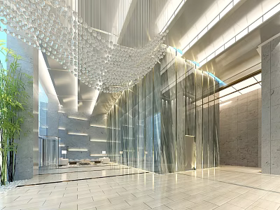 Modern Service Hall Interior With Open Design Chandelier Glass Walls Marble Flooring And Green Plants 3d model