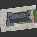 Cartoon Scene Church with Gray Roof Red Brick Walls Spire Pink Path and Green Lawn
