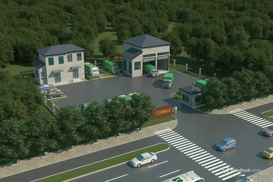 Modern School Building With Green Landscape Parking Lot And Trees Along Road 3d model 