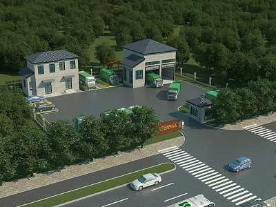 Modern School Building With Green Landscape Parking Lot And Trees Along Road 3d model