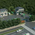 Modern School Building With Green Landscape Parking Lot And Trees Along Road