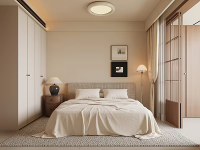 Modern Minimalist Bedroom Interior With White Bed Linen Nightstands And Decorative Paintings 3d model