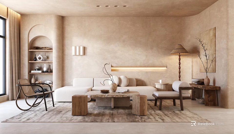 Neutral Living Room Interior With Textured Walls White Sofa And Wooden Coffee Table 3d model 