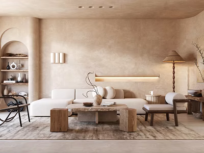 Neutral Living Room Interior With Textured Walls White Sofa And Wooden Coffee Table 3d model