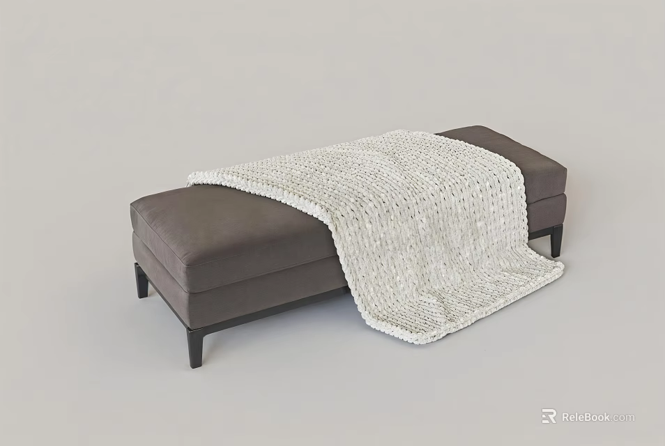 Modern Dark Brown Upholstered Sofa Bench With Soft White Knitted Blanket 3d model 
