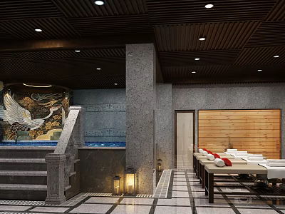Luxurious SPA Sauna Space With Wooden Paneling Loungers And Decorative Crane Painting 3d model