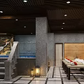 Luxurious SPA Sauna Space With Wooden Paneling Loungers And Decorative Crane Painting
