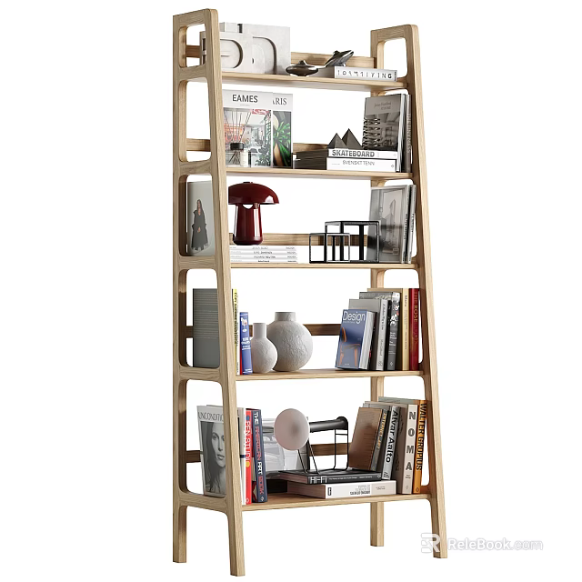 Modern Wooden Bookshelf With Books Vase Table Lamp And Decorative Items 3d model 