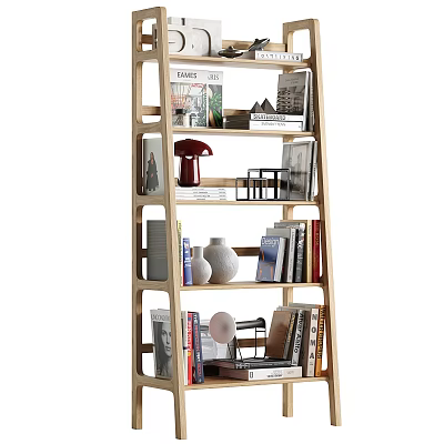 Modern Wooden Bookshelf With Books Vase Table Lamp And Decorative Items 3d model