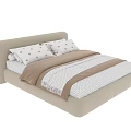 Modern Beige Double Bed With Upholstered Headboard Patterned Pillows And Striped Bedspread 3d model