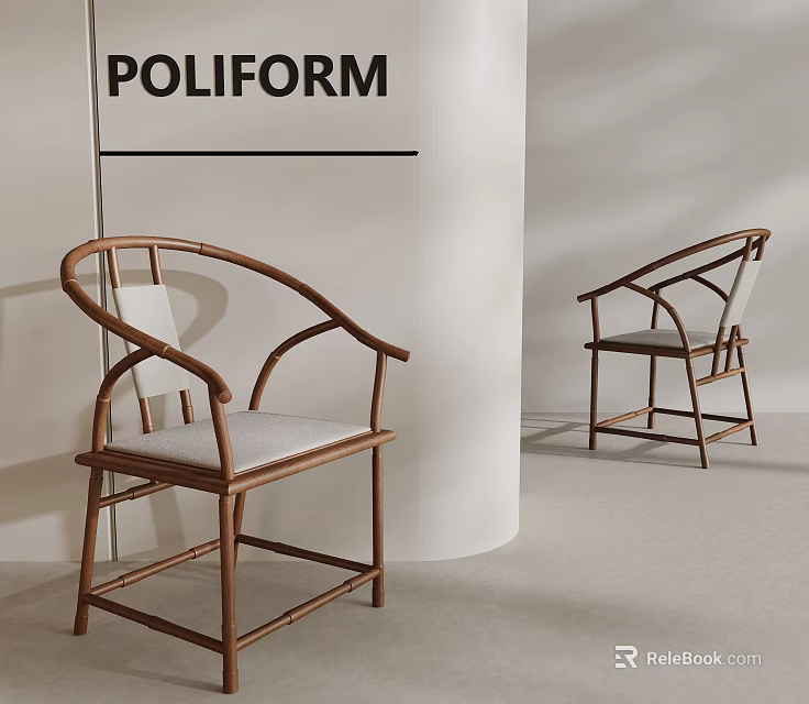 Modern Single Chair With Wooden Curved Armrests Upholstered Seat And Light Colored Cushion Design 3d model 