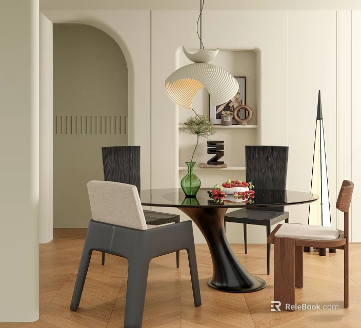 Modern Restaurant Interior With Round Glass Table Black Beige Chairs Pendant Light And Wooden Floor 3d model 