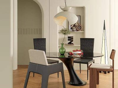 Modern Restaurant Interior With Round Glass Table Black Beige Chairs Pendant Light And Wooden Floor 3d model