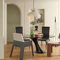 Modern Restaurant Interior With Round Glass Table Black Beige Chairs Pendant Light And Wooden Floor