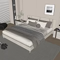 Modern Bedroom Interior With Bed Pillows Striped Blanket Nightstands Lamps Area Rug And Accent Chair