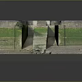 Stone Gate Structure With Moss Covered Walls Stone Steps And Broken Wooden Planks