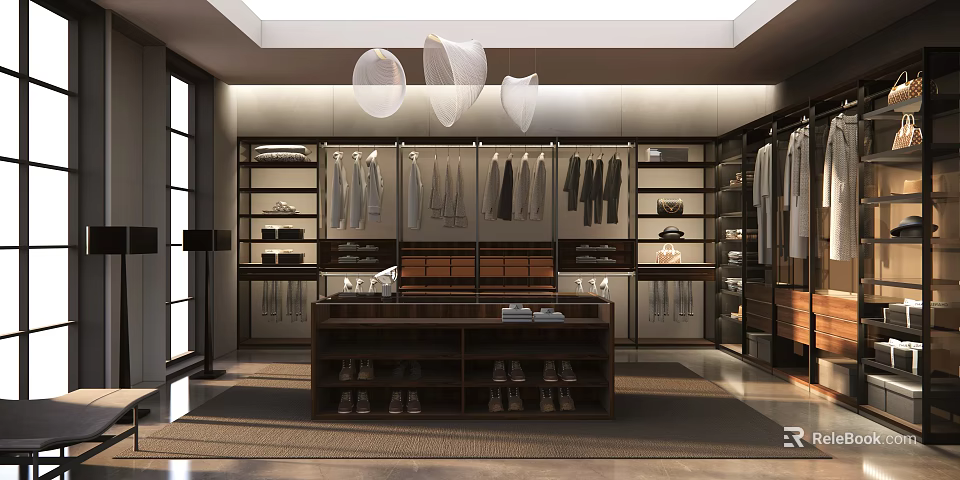 Modern Walk-in Closet Interior Design With Hanging Clothes Shoe Storage Shelves And Pendant Lights 3d model 