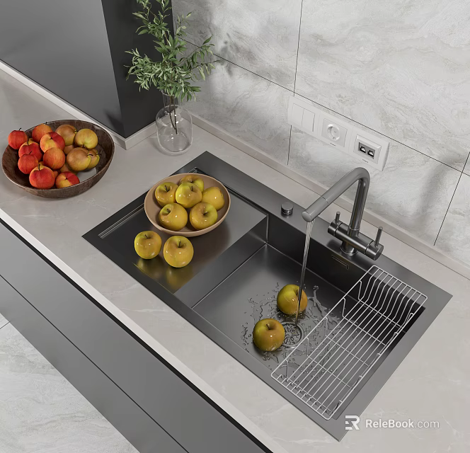 Stainless Steel Kitchen Sink with Faucet Drying Rack and Fresh Fruits on Countertop 3d model 
