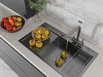 Stainless Steel Kitchen Sink with Faucet Drying Rack and Fresh Fruits on Countertop 3d model