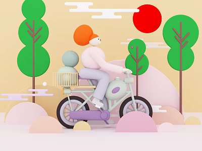 Cartoon Game and Movie Character Riding Green Bicycle With Basket Ball Green Trees Red Sun 3d model