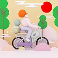 Cartoon Game and Movie Character Riding Green Bicycle With Basket Ball Green Trees Red Sun
