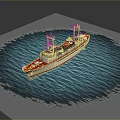 Aerial view of red and white ship on blue water with rippling waves