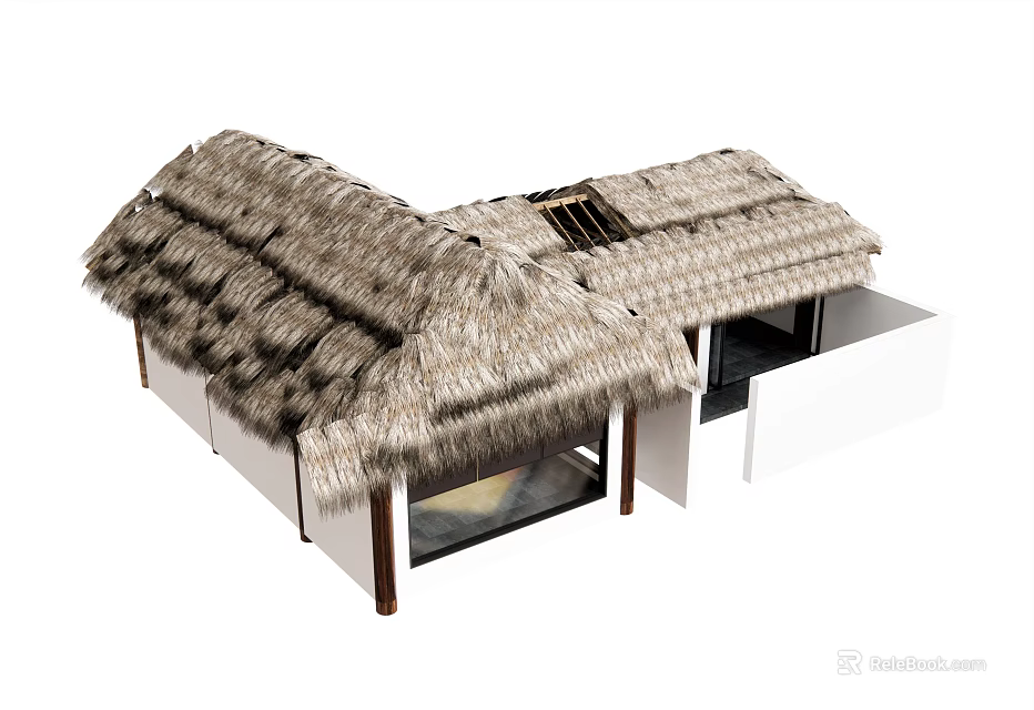 Traditional Rustic Structure With Thatch Roof Open Design And Wooden Pillar Supports 3d model 