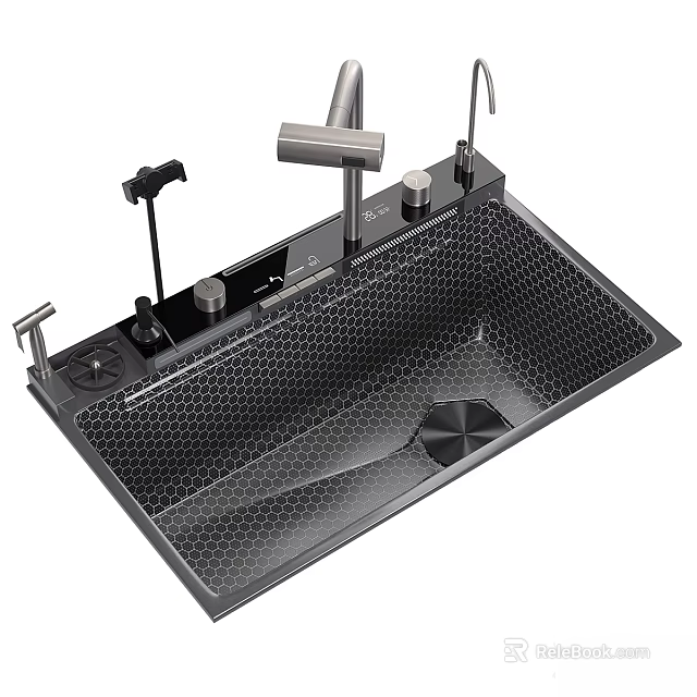 Modern Stainless Steel Kitchen Sink With Hexagonal Grid Texture Single Bowl Faucet And Control Knobs 3d model 