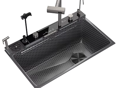 Modern Stainless Steel Kitchen Sink With Hexagonal Grid Texture Single Bowl Faucet And Control Knobs 3d model