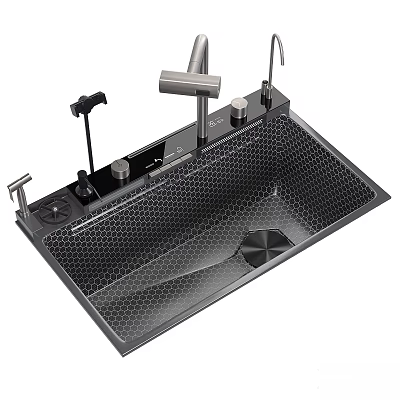 Modern Stainless Steel Kitchen Sink With Hexagonal Grid Texture Single Bowl Faucet And Control Knobs 3d model