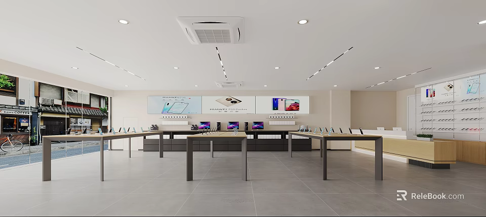 Modern Specialty Store Interior With Display Tables Product Screens And Bright Lighting Design 3d model 