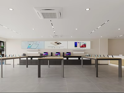 Modern Specialty Store Interior With Display Tables Product Screens And Bright Lighting Design 3d model