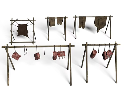 Ancient Scene With Wooden Racks Drying Cloths And Meat Chunks 3d model