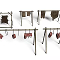 Ancient Scene With Wooden Racks Drying Cloths And Meat Chunks 3d model