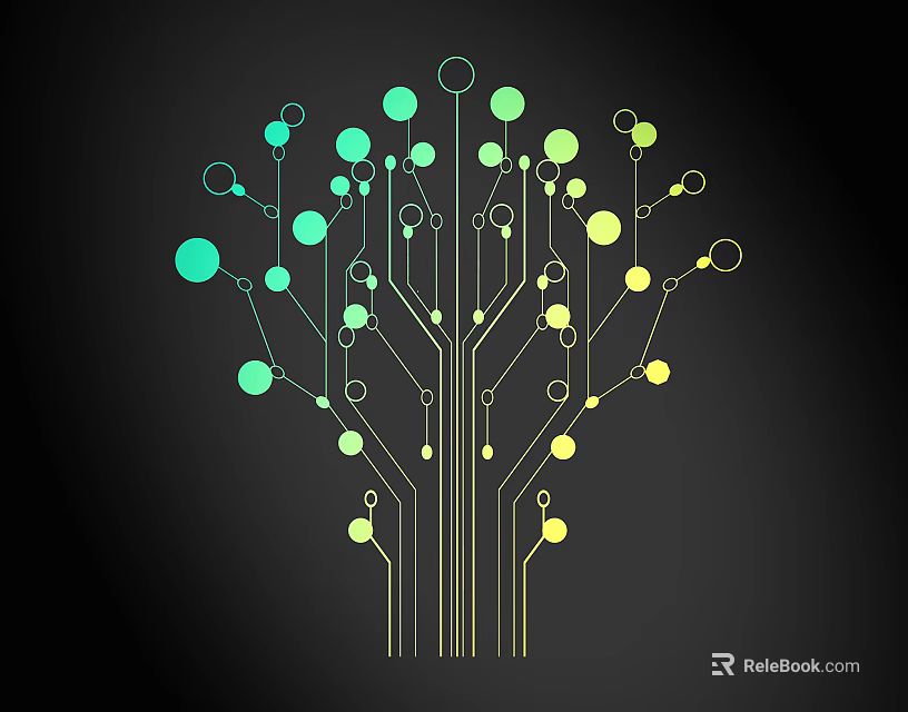 Abstract Line Art Tree Structure With Green And Yellow Nodes On Black Background 3d model 