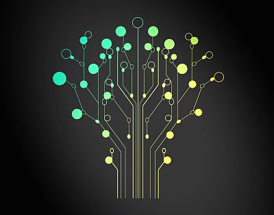 Abstract Line Art Tree Structure With Green And Yellow Nodes On Black Background 3d model