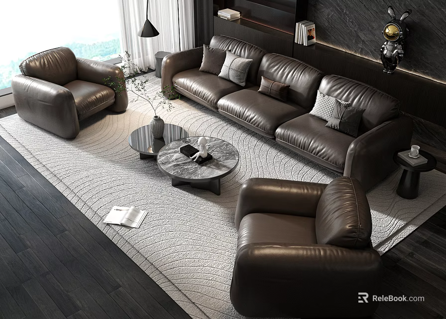Elegant Modern Leather Sofa And Coffee Table Set With Round Table Pillows And Area Rug 3d model 
