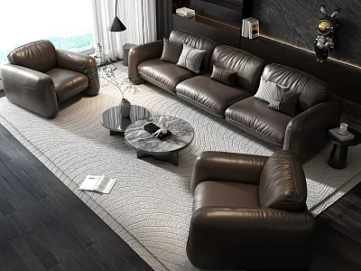 Elegant Modern Leather Sofa And Coffee Table Set With Round Table Pillows And Area Rug 3d model