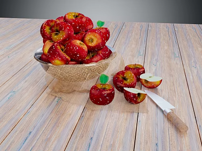 Fresh Red Apples in Bowl with Sliced Pieces and Knife on Wooden Table 3d model