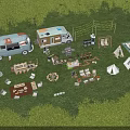 Scenic Outdoor Campsite with RVs Tents Tables Chairs and Barbecue Facilities in Lush Green Grass