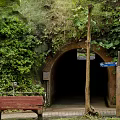 Modern Green Tunnel Entrance With Lush Foliage Red Bench And Signpost