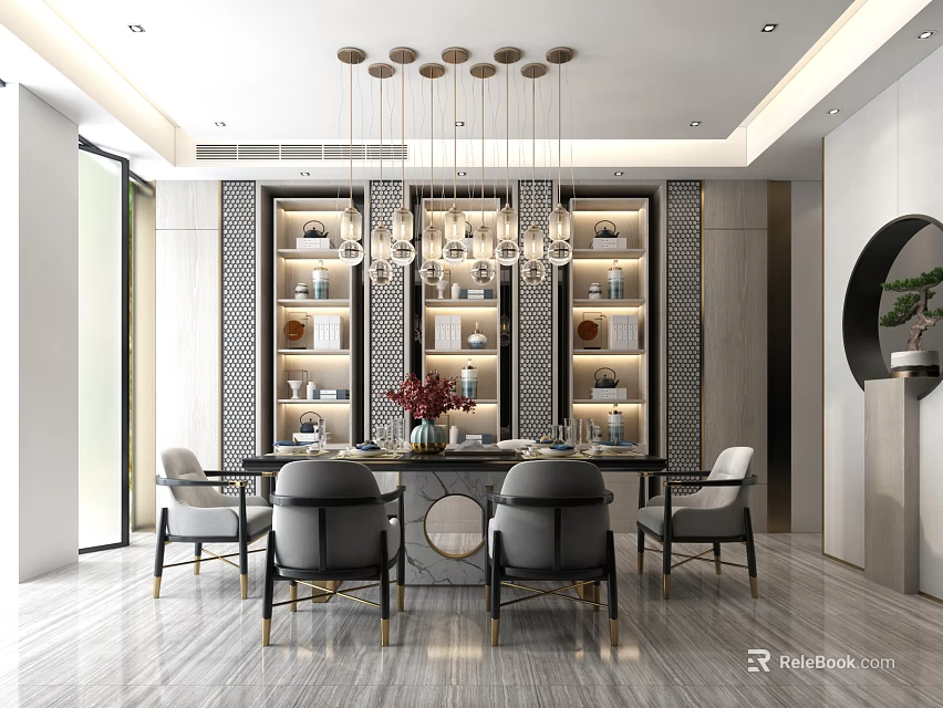 Elegant Modern Restaurant Interior With Chandelier Dining Table Chairs Tableware And Wall Decor 3d model