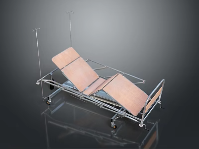 Adjustable Hospital Bed With Metal Frame Wheels Wooden Bed Board And IV Poles 3d model