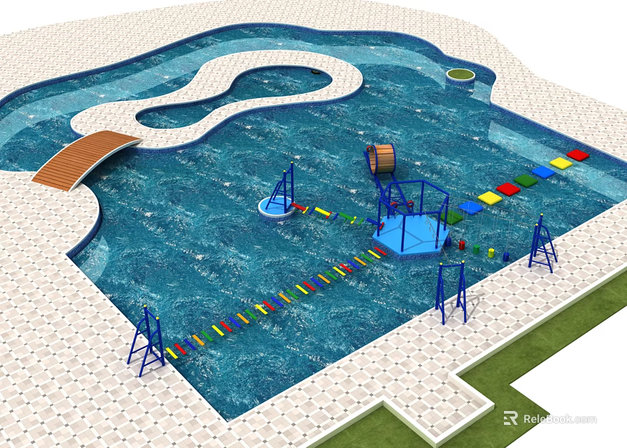 Fun Water Play Equipment With Swimming Pool Obstacles Wooden Bridge And Climbing Frames 3d model 