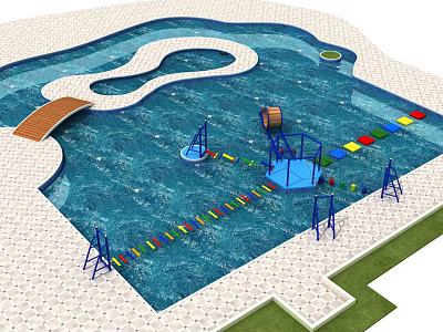 Fun Water Play Equipment With Swimming Pool Obstacles Wooden Bridge And Climbing Frames 3d model