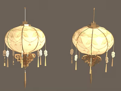 Chinese Style Decorative Pair Of Lanterns With White Shade Floral Pattern And Golden Tassels 3d model